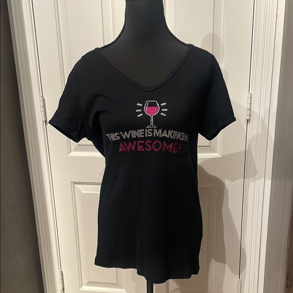 This Wine is making me Awesome Black Crew Neck Tee with Pink Graphic (A)